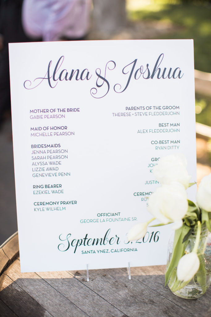 Sogno del fiore wedding ceremony in Santa Ynez winery welcome table