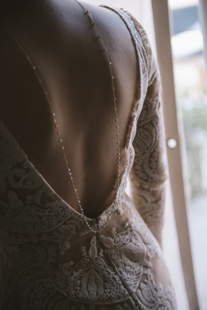Wedding at the Ace Hotel in Palm Springs, back necklace detail shot for low back wedding dress