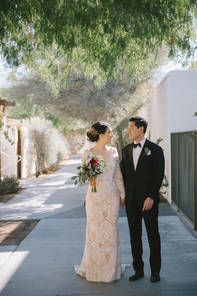Ace Hotel wedding in Palm Springs bride and groom portrait shot, desert inspired bouquet