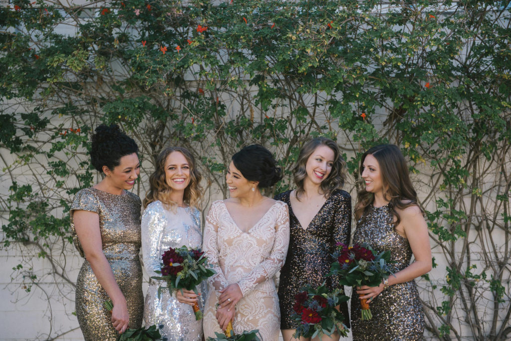 Ace Hotel wedding in Palm Springs metallic bridal party with desert inspired bouquets
