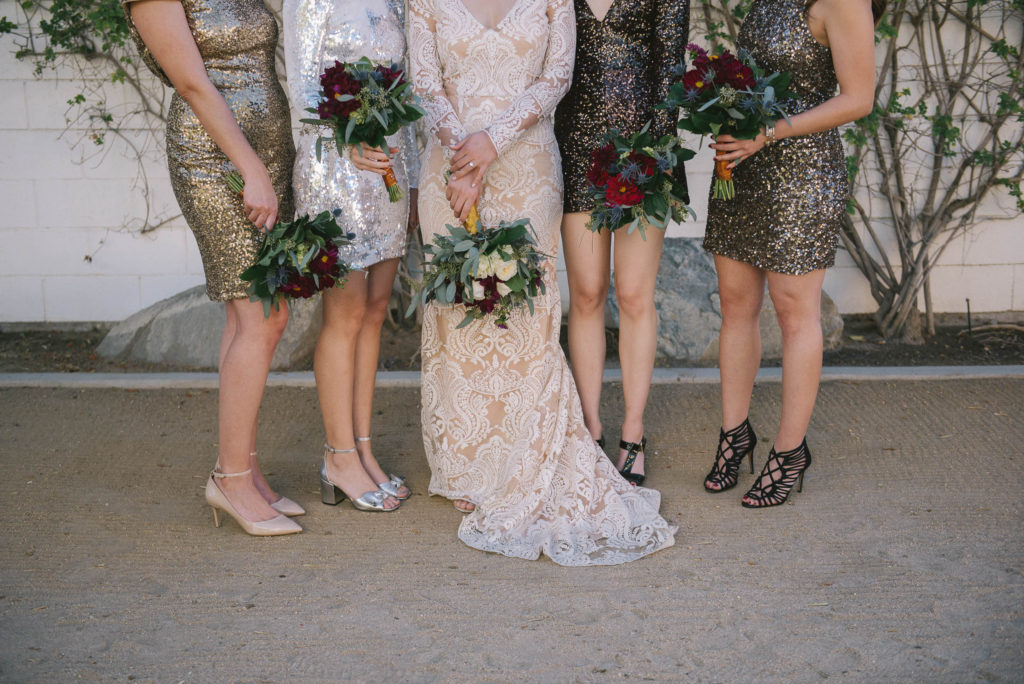 Ace Hotel wedding in Palm Springs metallic bridal party with desert inspired bouquets