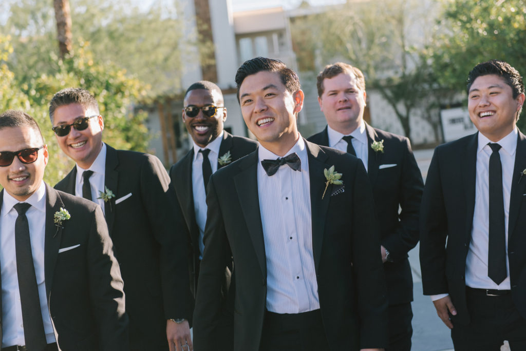 Ace Hotel wedding in Palm Springs groomsmen with succulent boutonniere