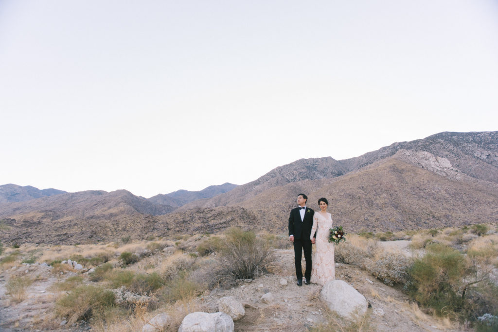 Ace Hotel wedding in Palm Springs wedding, bride and groom desert portrait