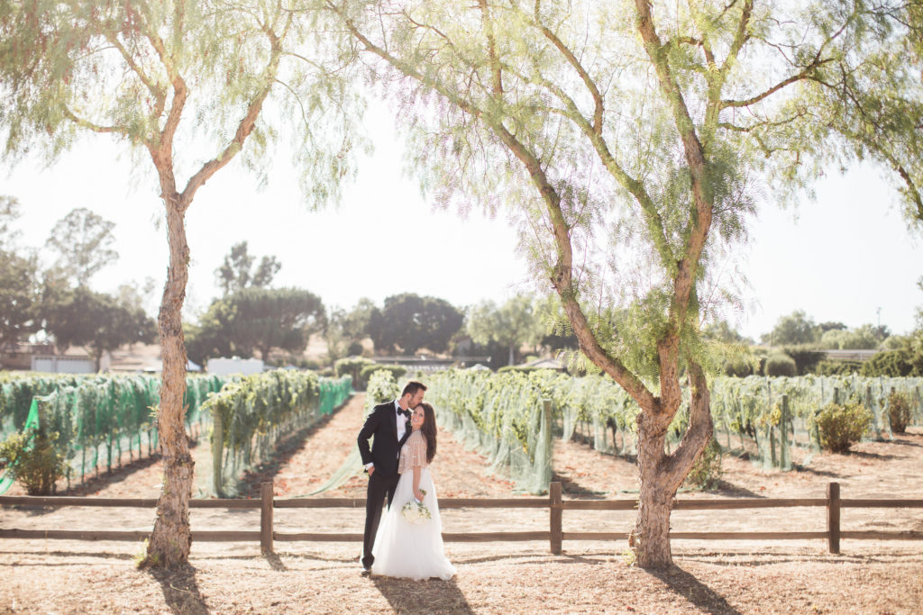 Sogno del fiore wedding in Santa Ynez winery, bride and groom portraits, crystal wedding dress cover