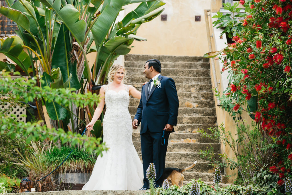 travel themed wedding at Mountain Mermaid, bride and groom first look with dogs