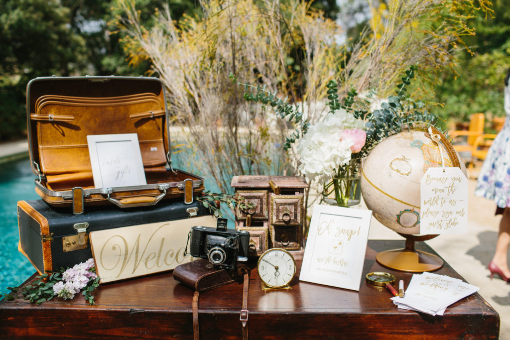 travel themed wedding at Mountain Mermaid, welcome table