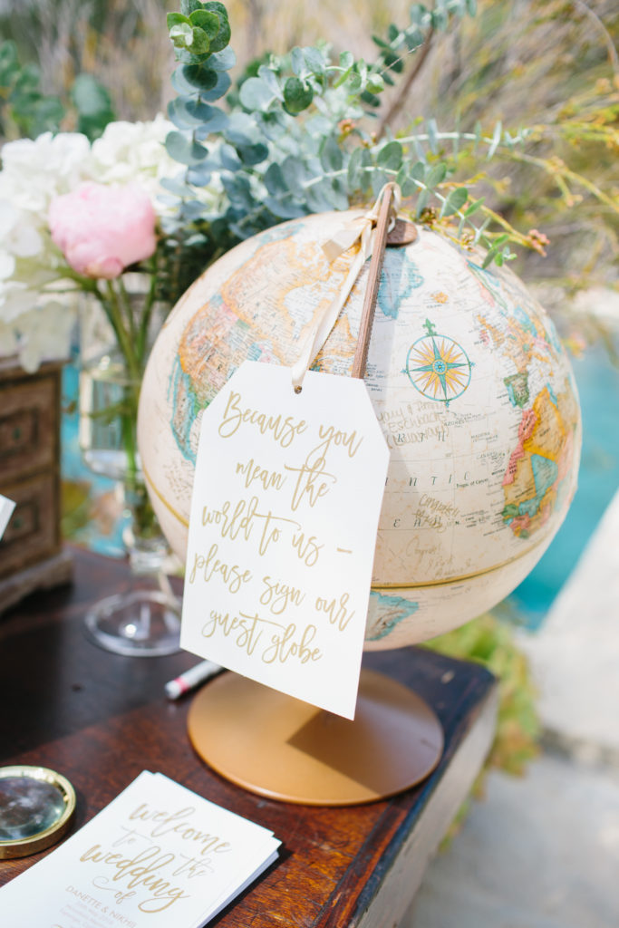 travel themed wedding at Mountain Mermaid, globe guest sign in book