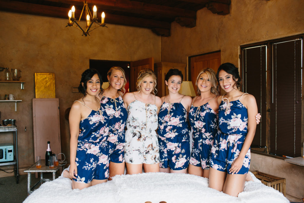 travel themed wedding at Mountain Mermaid, bride and bridesmaids getting ready in robes