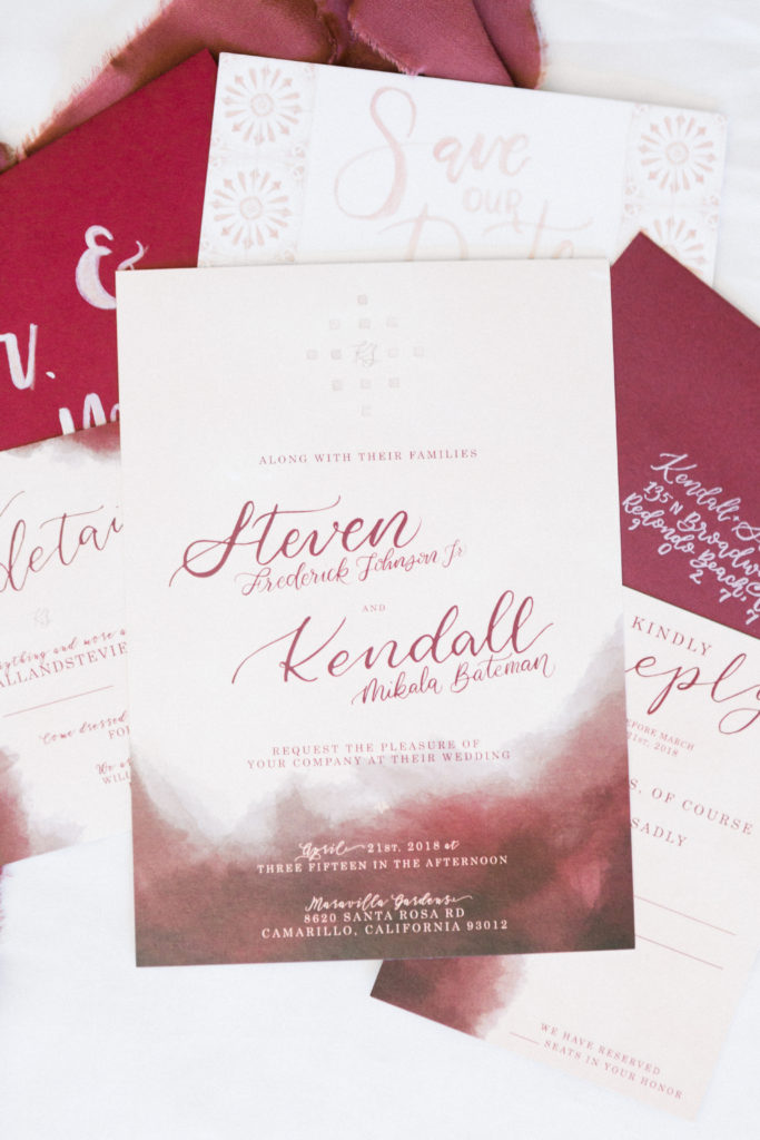 Maravilla Gardens Wedding, burgundy water colored invitation suite