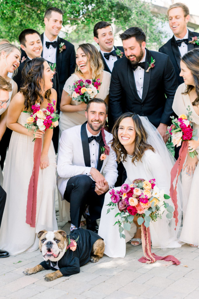 Maravilla Gardens Wedding, wedding party portraits with ring dog