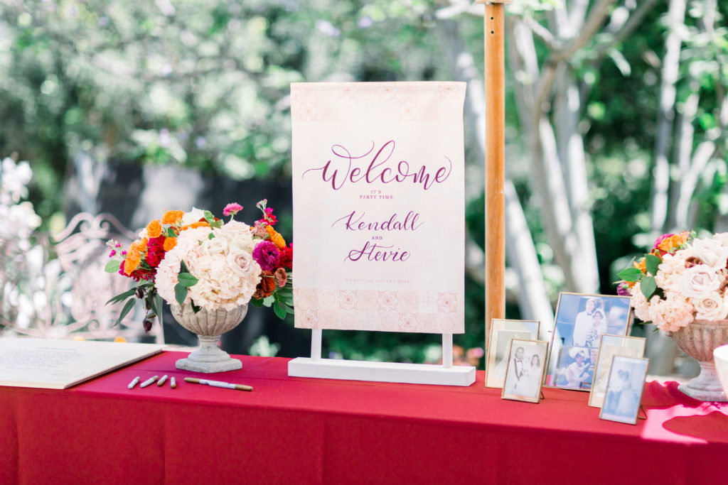 Maravilla Gardens Wedding ceremony, welcome table with velvet welcome sign