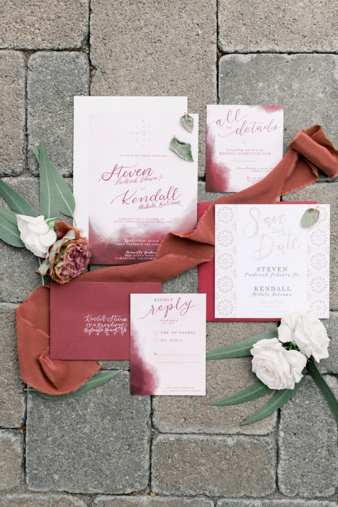 Maravilla Gardens Wedding, burgundy water colored wedding invitation suite
