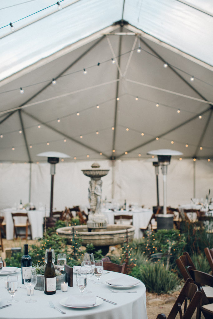 A desert wedding in Ojai at Red Tail Ranch, outdoor wedding reception tent, vintage bride and groom, tented reception