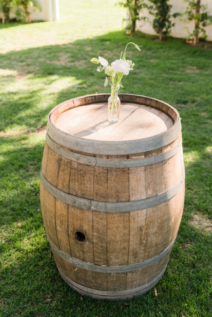 Elegant fall wedding at Triunfo Creek Vineyards, wine barrels at cocktail hour