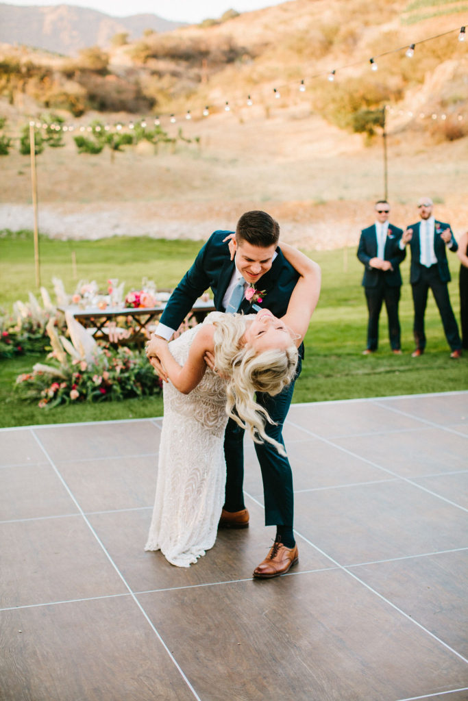 Bride and groom first dance during wedding reception at Triunfo Creek Vineyards