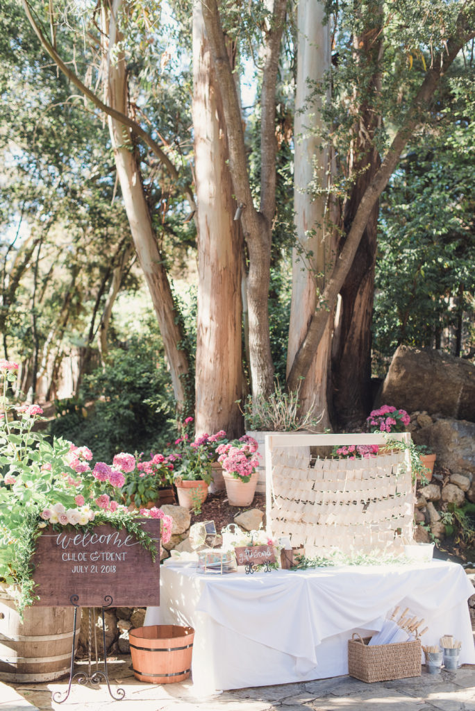 An emotional calamigos ranch wedding, rustic welcome table with escort board