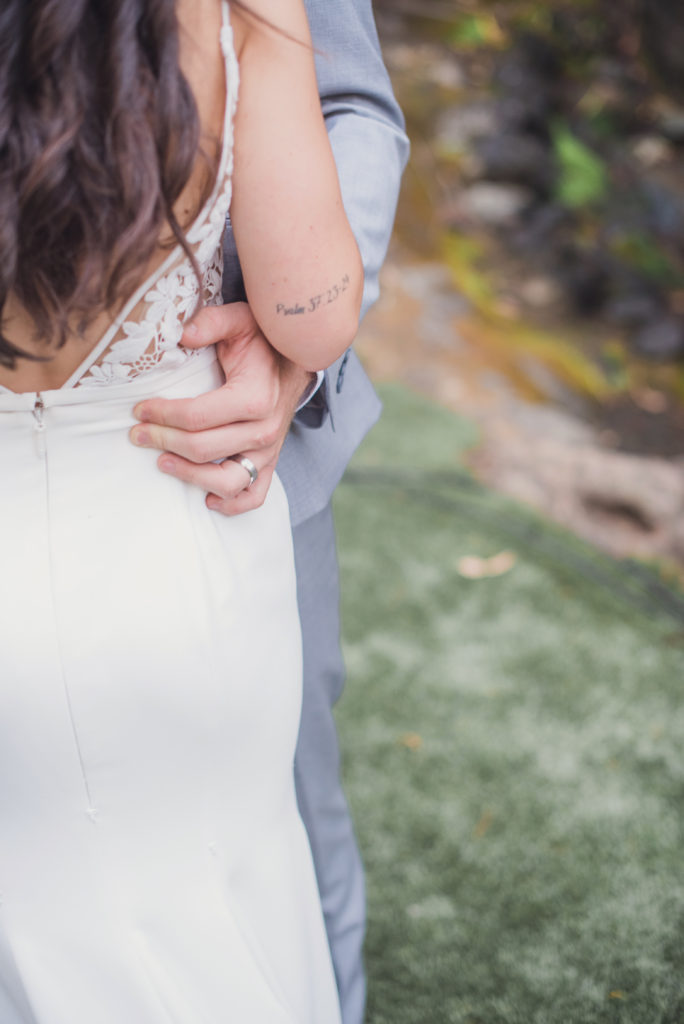 An emotional calamigos ranch wedding, bride with bible verse tattoo