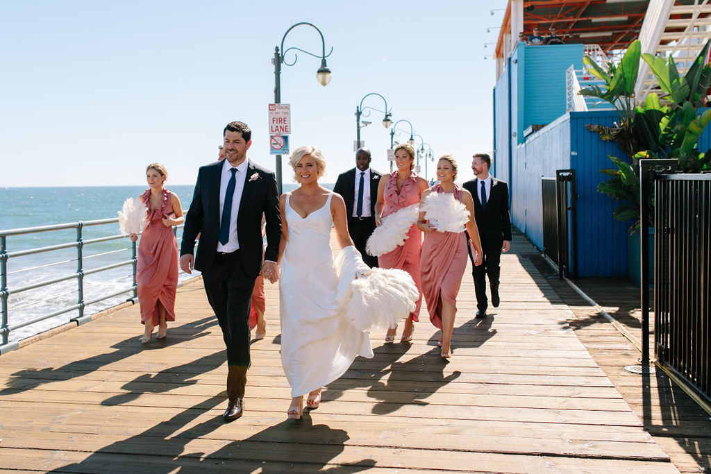 wedding party portrait shot on Santa Monica pier