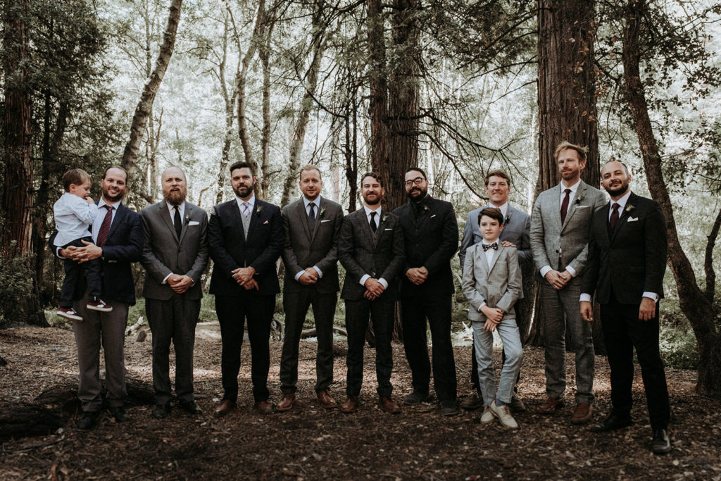Summer camp themed wedding in Big Bear at Camp Wasegan, groom and groomsmen with mixed suits