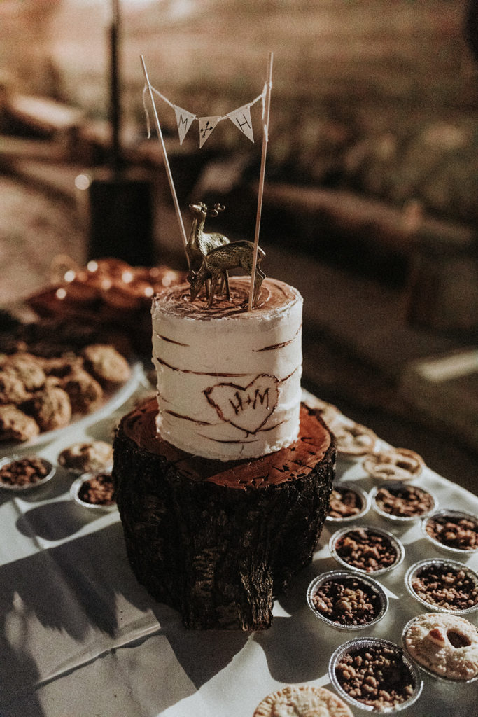 Summer camp themed wedding reception in Big Bear at Camp Wasegan, forest themed cake with deer cake toppers