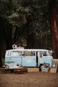 Summer camp themed wedding reception in Big Bear at Camp Wasegan, vintage blue foto booth bus for wedding, wedding Photo Booth