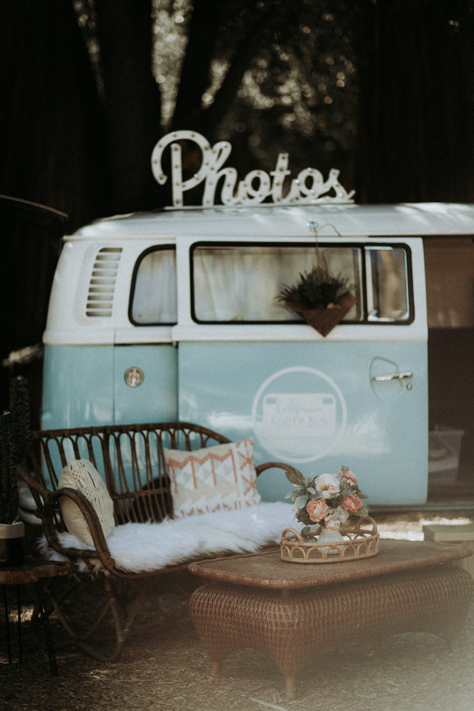 Summer camp themed wedding reception in Big Bear at Camp Wasegan, vintage blue foto booth bus for wedding, wedding Photo Booth