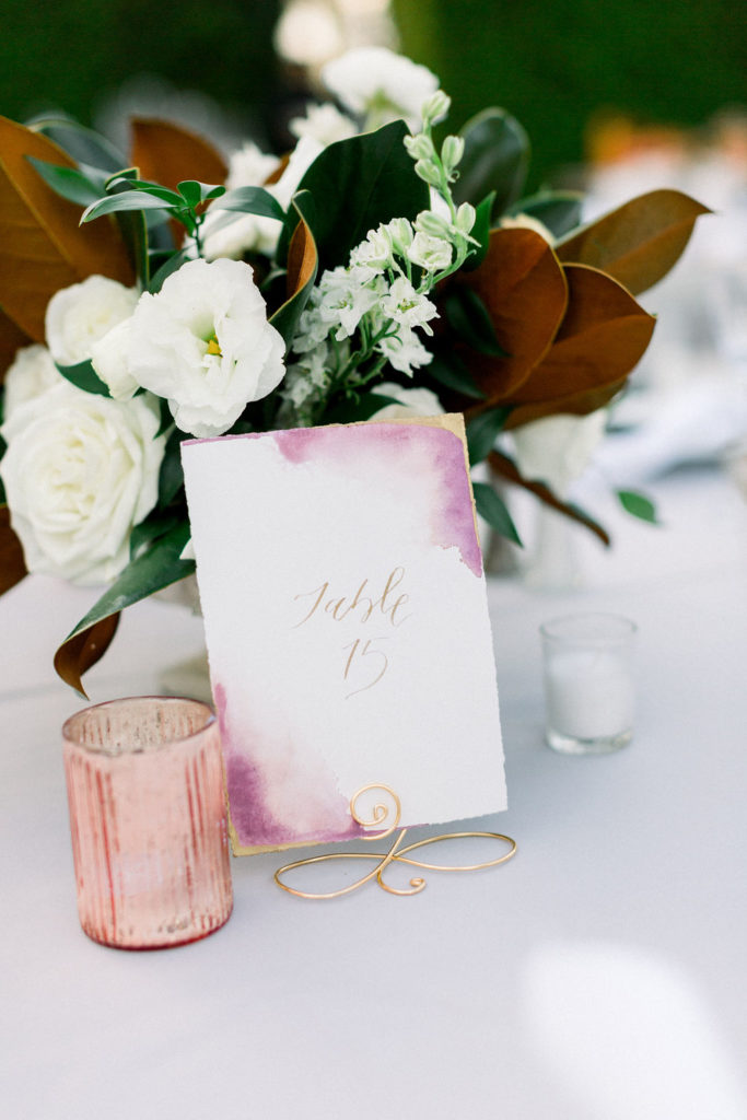 A Romantic Fall Wedding reception at Maravilla Gardens, watercolor table number
