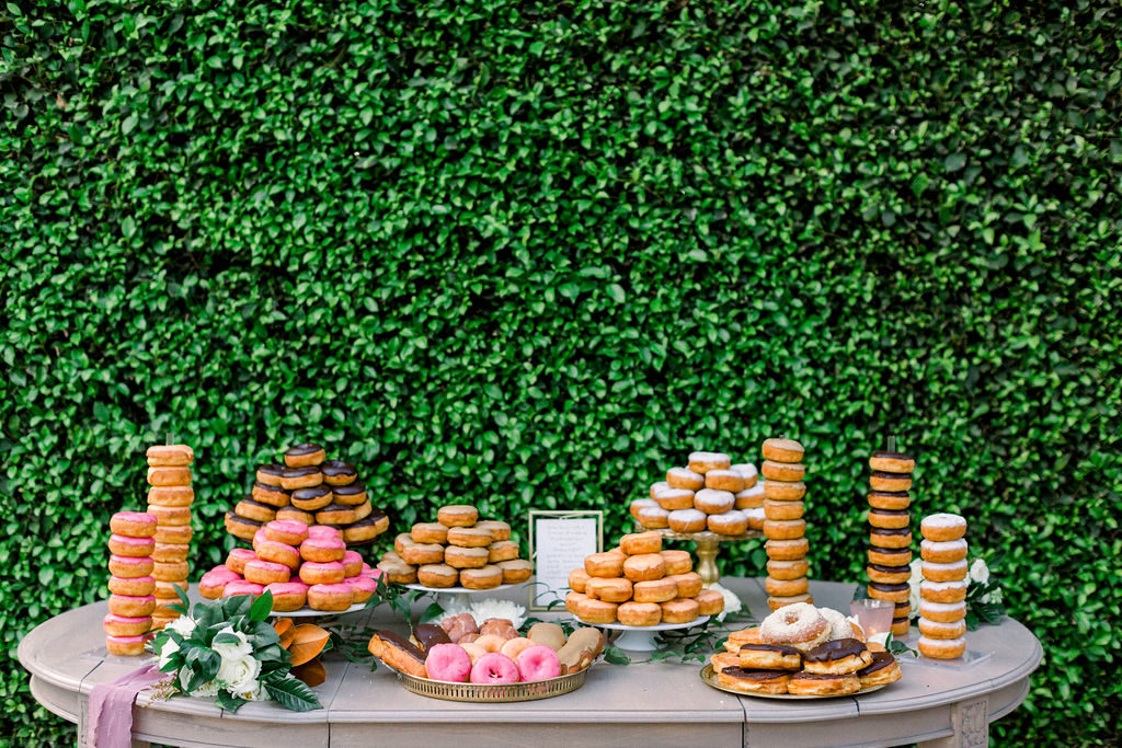 A Romantic Fall Wedding reception at Maravilla Gardens, donut dessert display