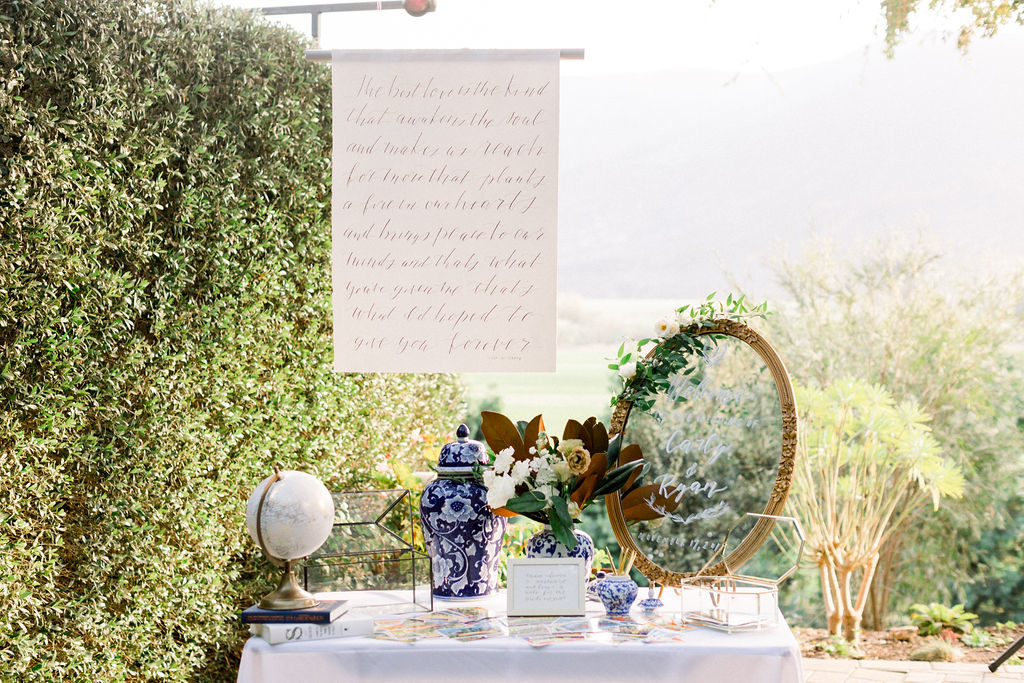 A Romantic Fall Wedding reception at Maravilla Gardens, welcome table