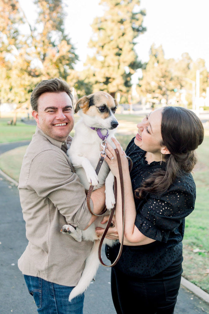 engagement photo session with couple and their dog in Los Angeles