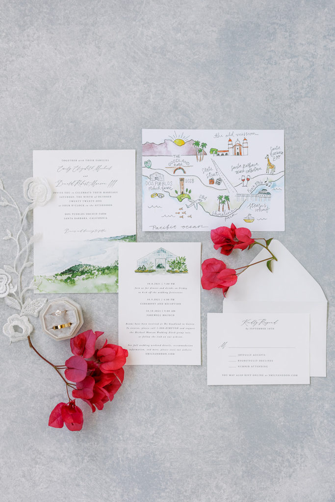 watercolor wedding invitation suite with bougainvillea flowers