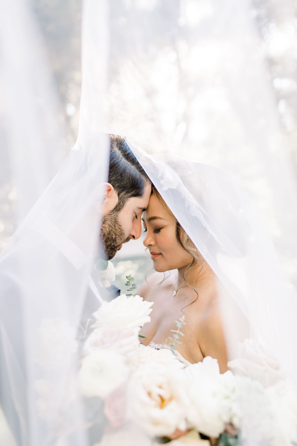 bride and groom take portraits under wedding veil