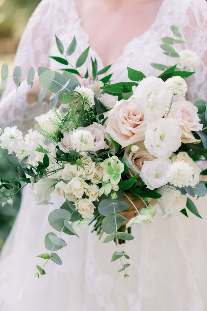 charming garden wedding bridal bouquet with roses and eucalyptus