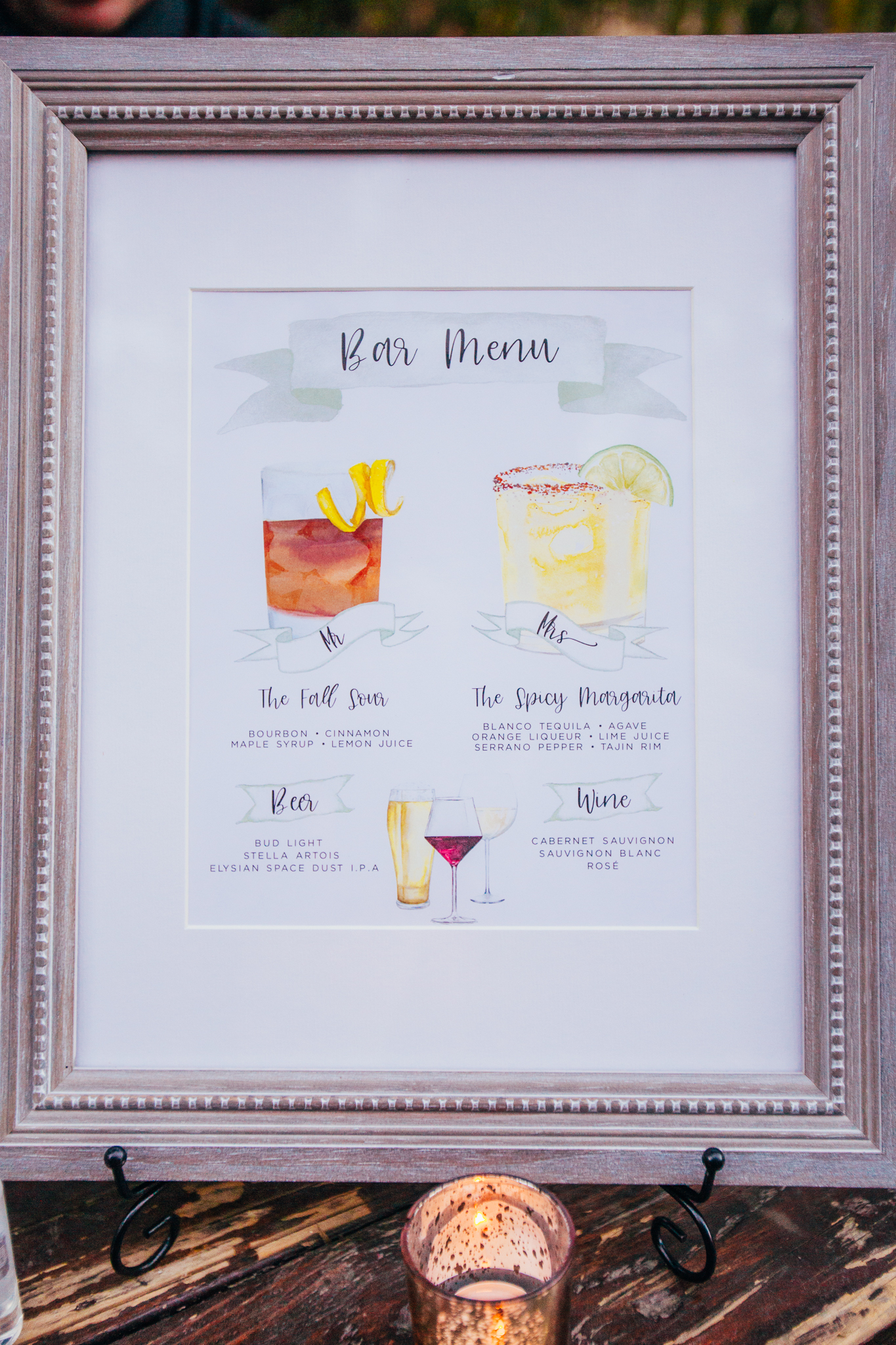 customized bar menu with watercolor portraits