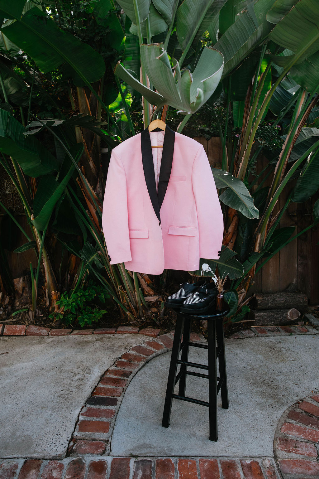 pink suit jacket with houndstooth shoes 