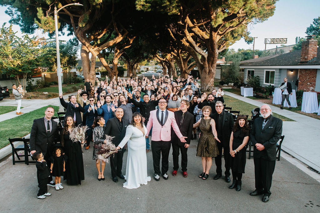 bride in long sleeve deep v-neck wedding dress and groom in pink suit jacket stands with all their guests in the middle of a residential streetunder an urban canopy of trees after their wedding ceremony 