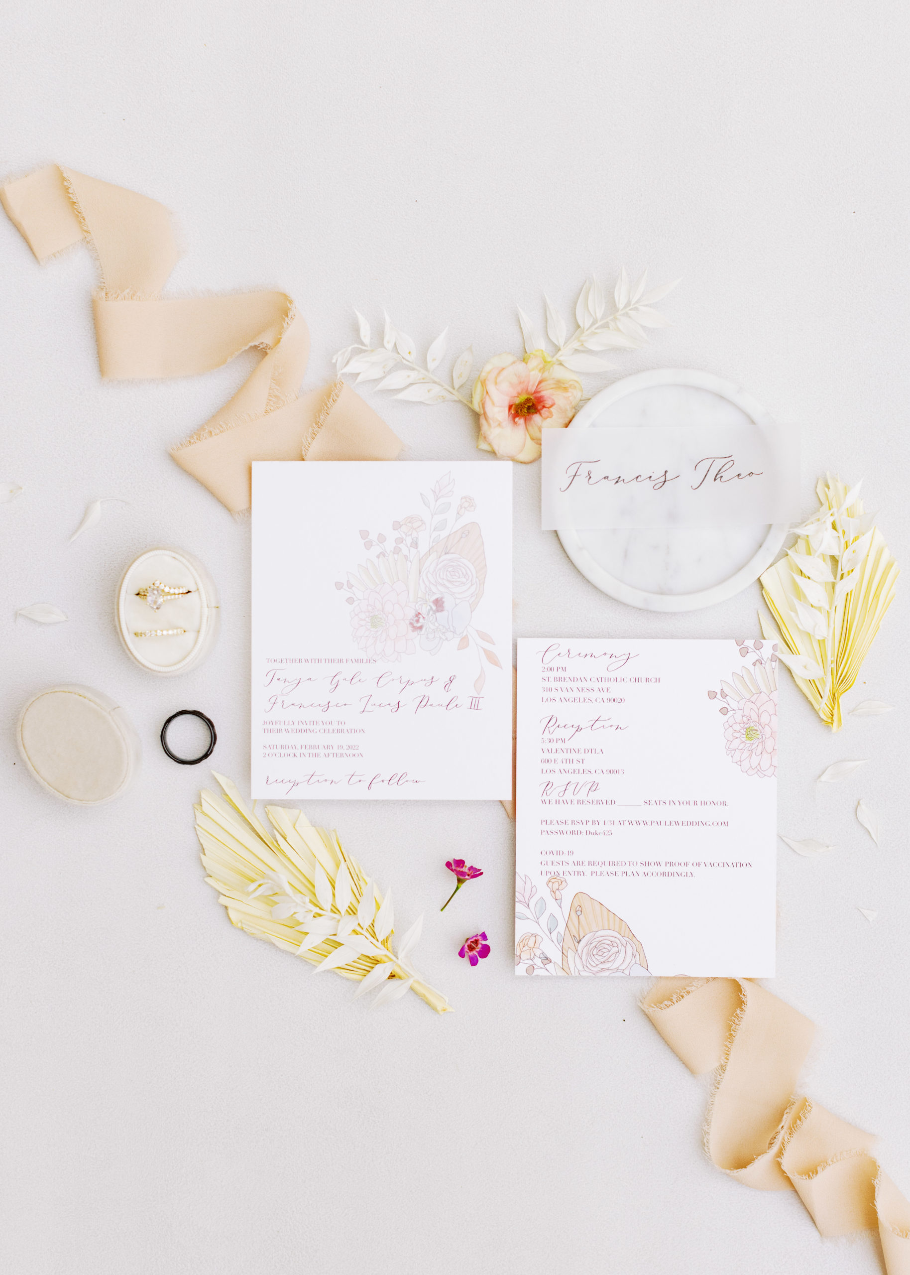 Charming church wedding invitation suite layout with cream, pink and peach colors