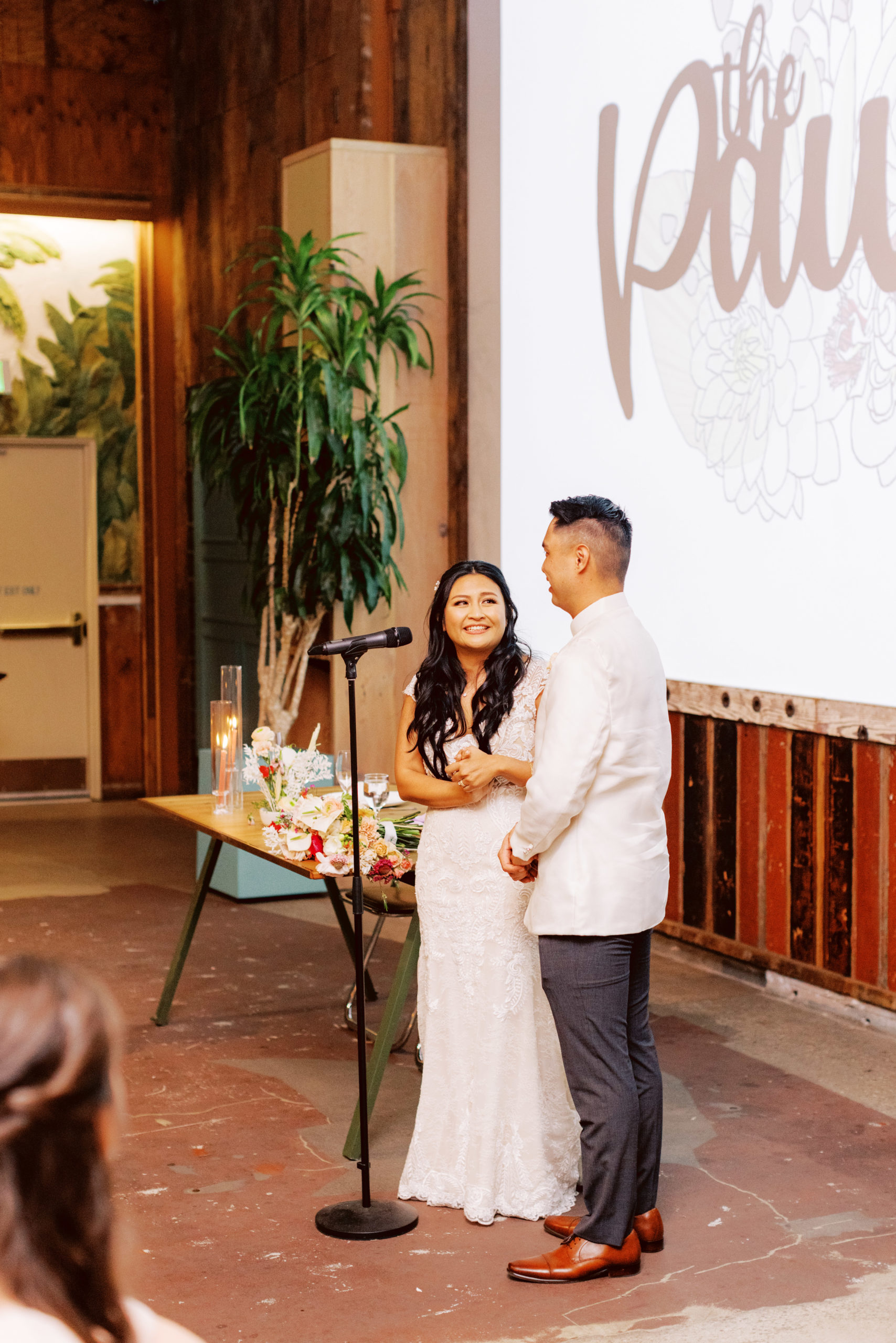 bride and groom give speech during wedding reception at The Valentine DTLA