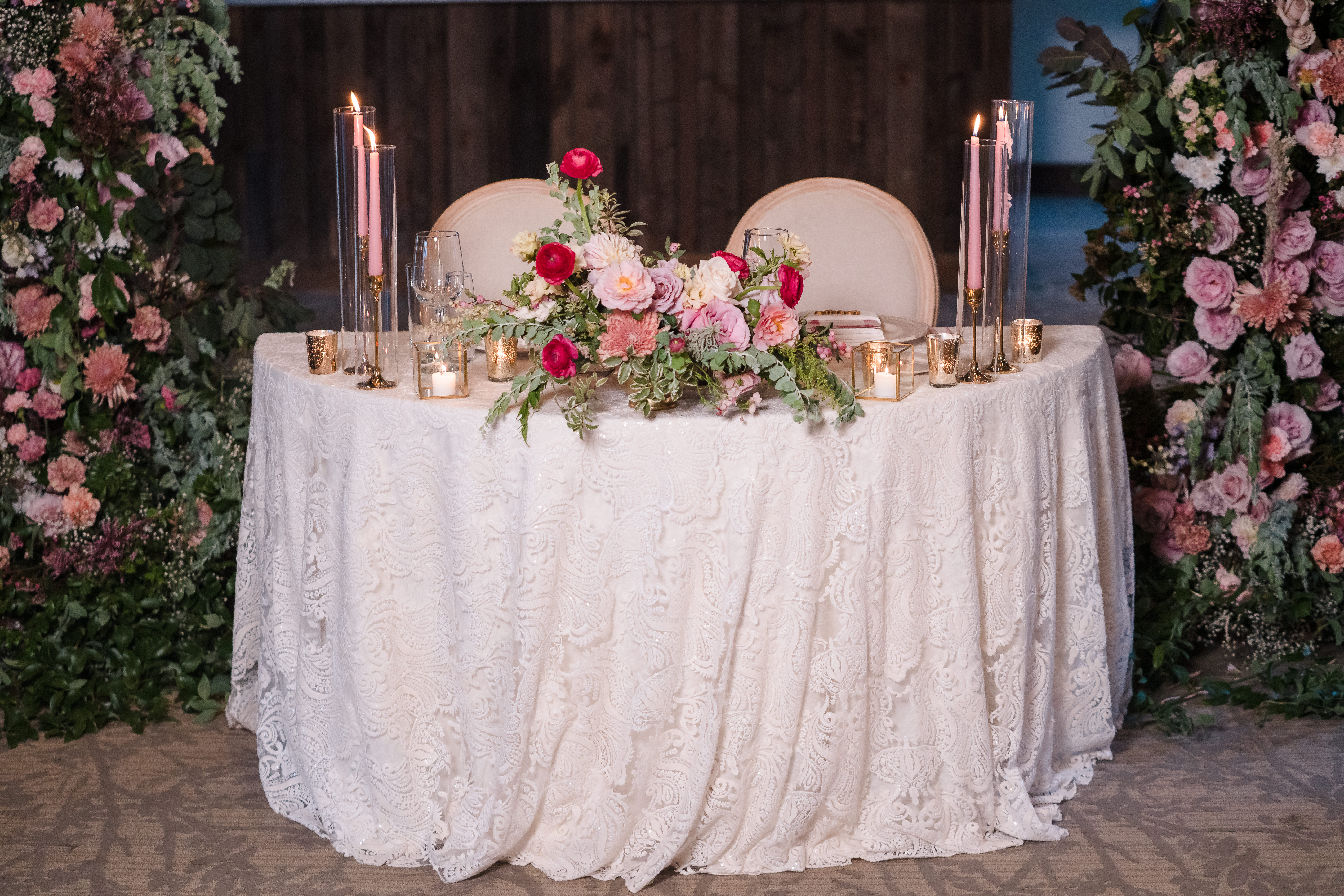 pink infused wedding reception sweetheart table