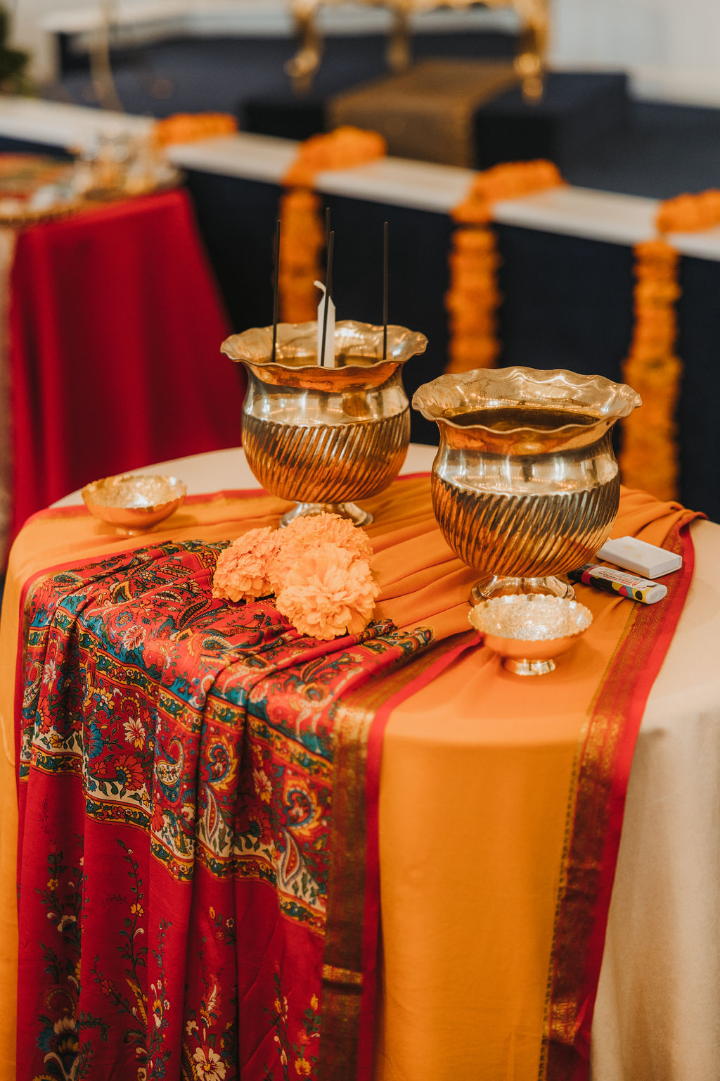 orange marigold themed Indian wedding at Lake Shrine Temple
