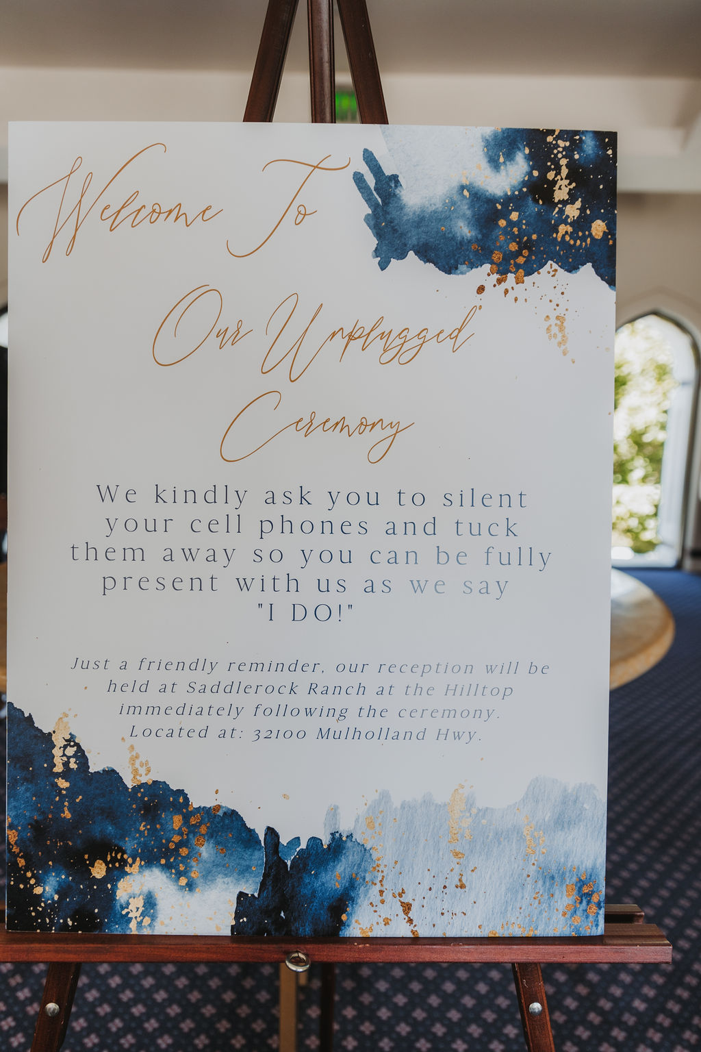 unplugged ceremony wedding sign with blue watercolors and gold 