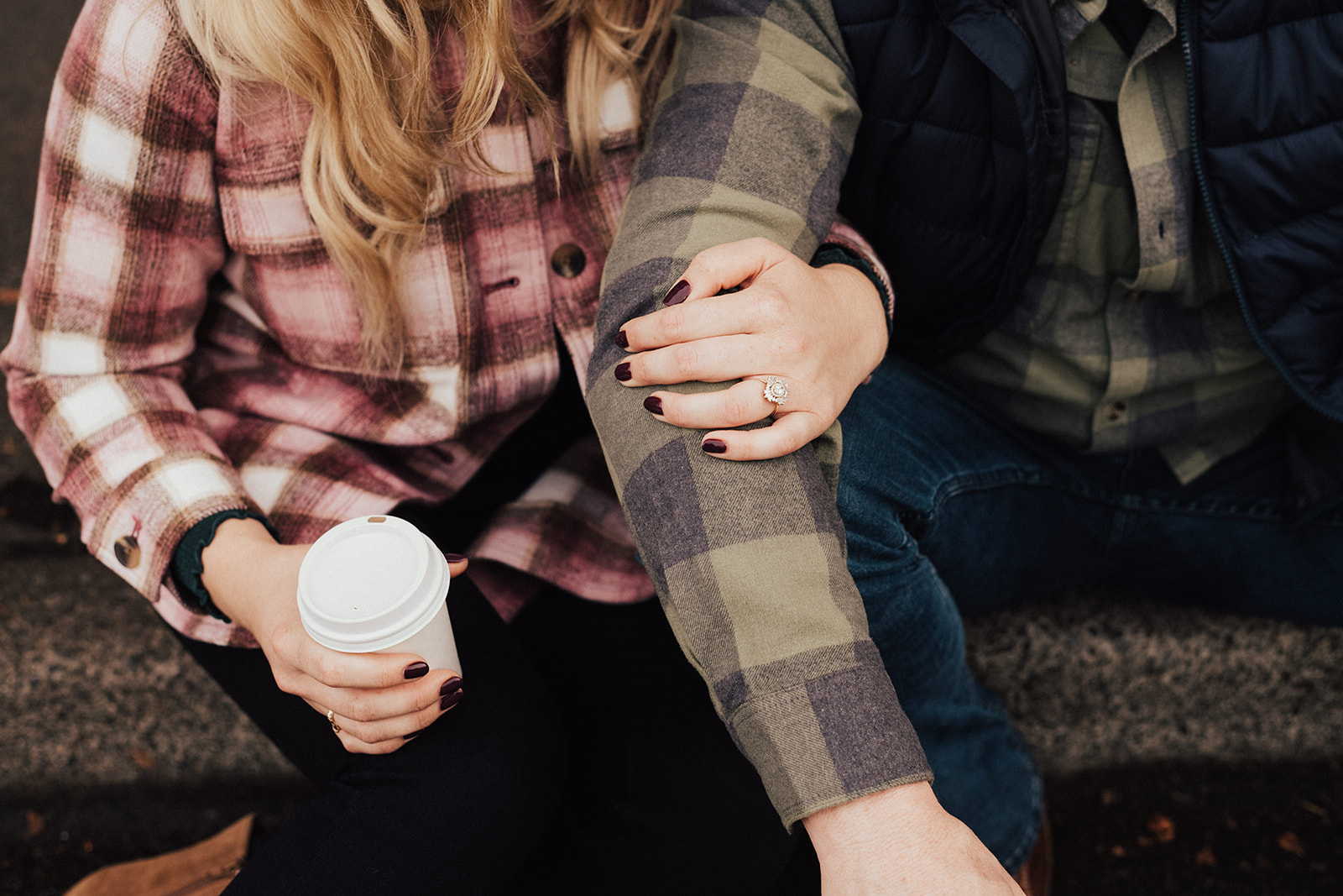 engagement photo with ring detail shot and coffee cup