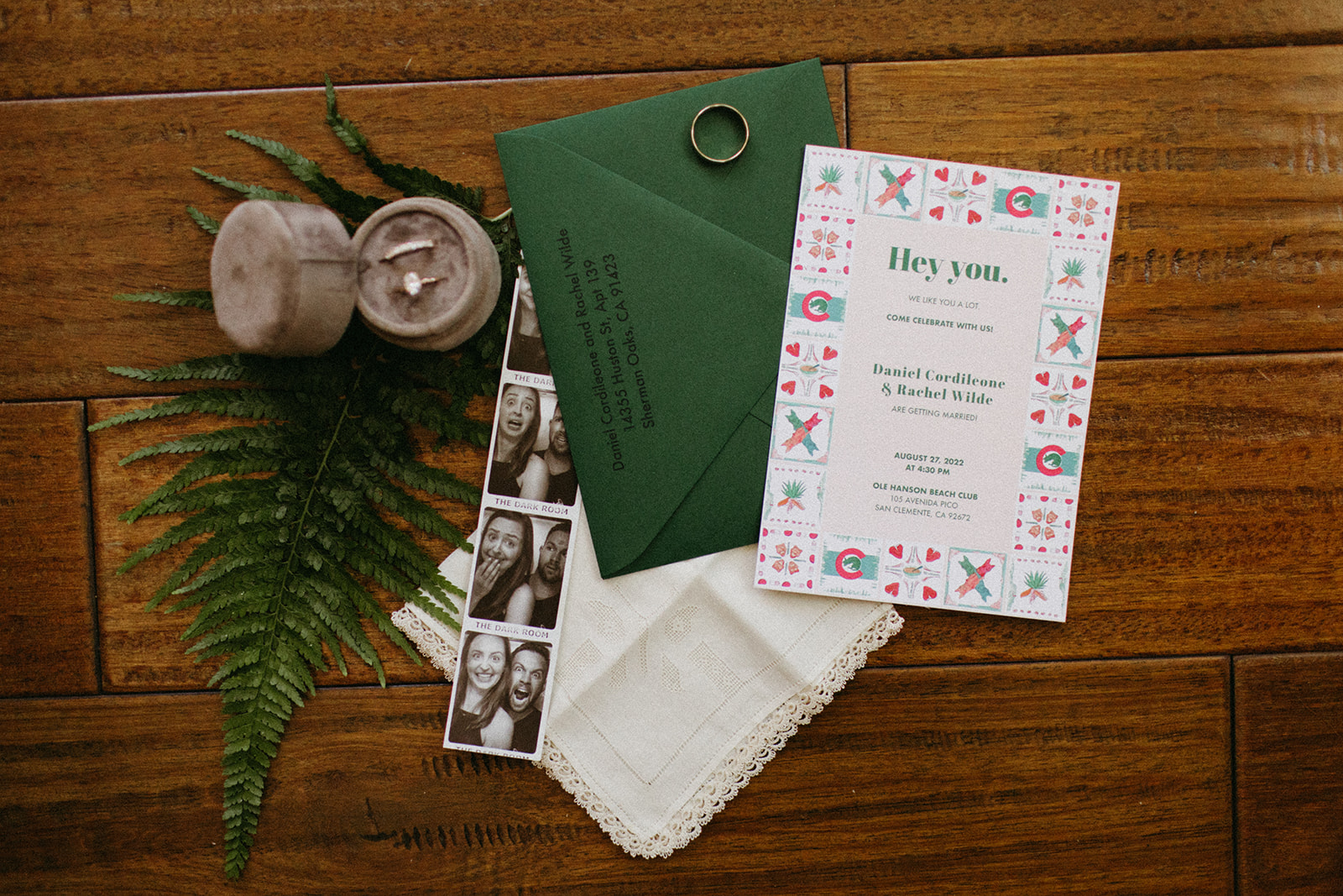 custom watercolor wedding invitation suite with dark green envelope