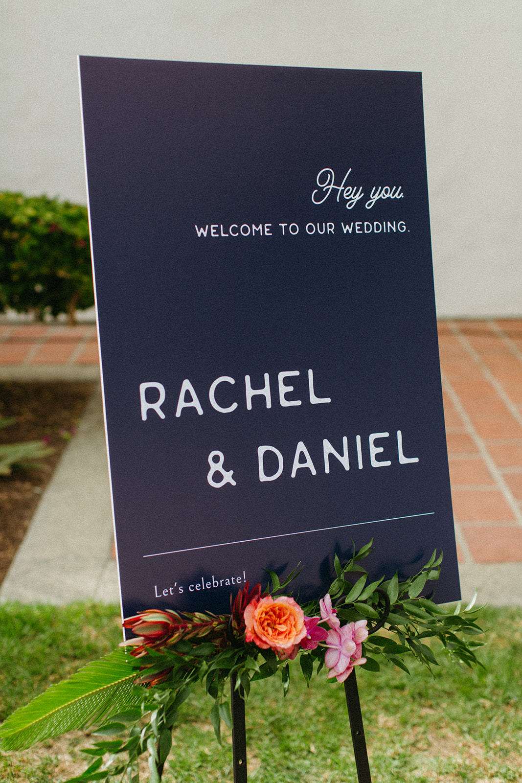 modern navy blue wedding welcome sign reading hey you, welcome to our wedding