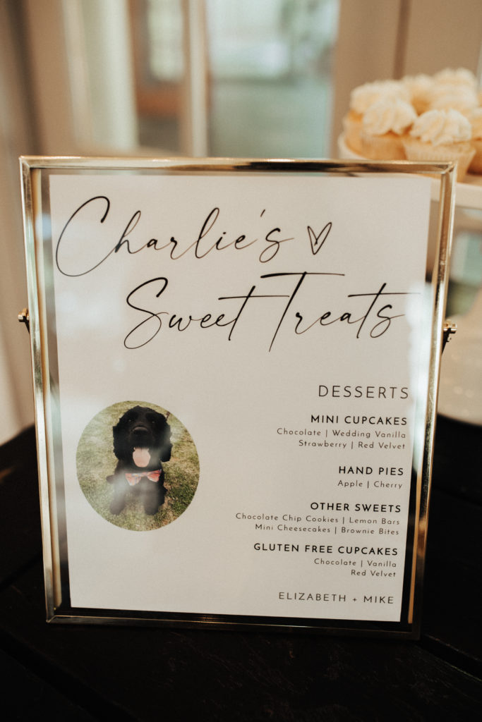gold framed desert menu called Charlie's sweet treats